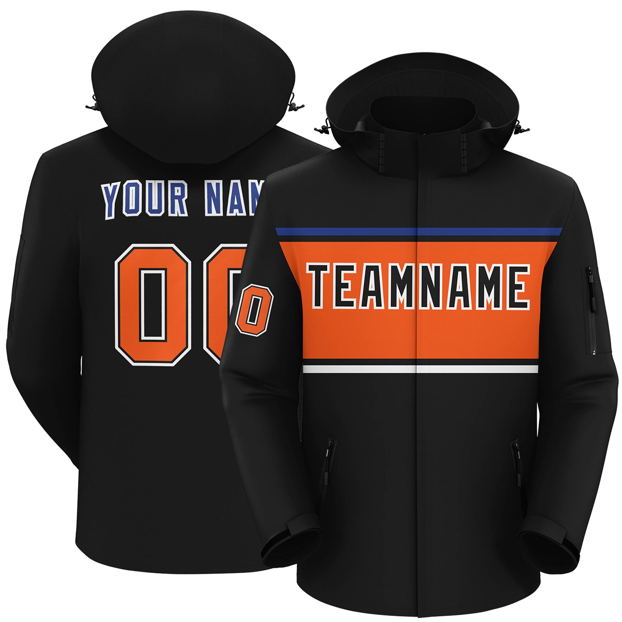 Custom Black Royal-Orange Color Block Personalized Outdoor Hooded Waterproof Jacket