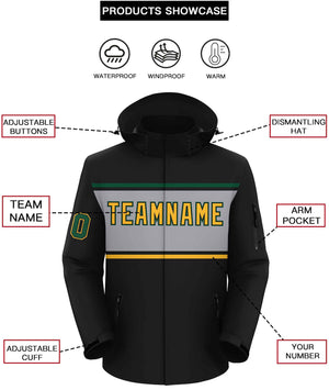 Custom Black Gold-Gray Color Block Personalized Outdoor Hooded Waterproof Jacket