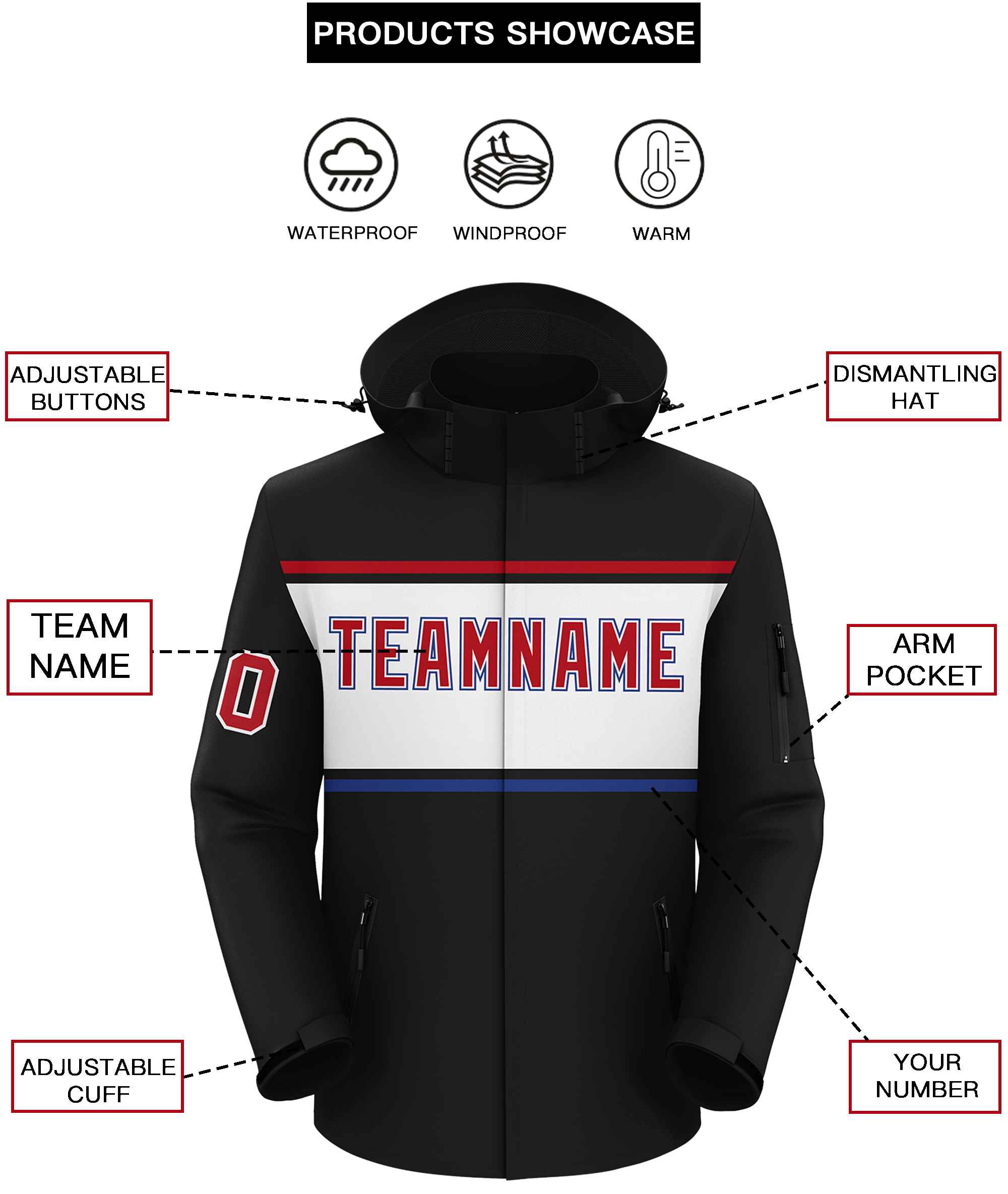 Custom Black Red-White Color Block Personalized Outdoor Hooded Waterproof Jacket