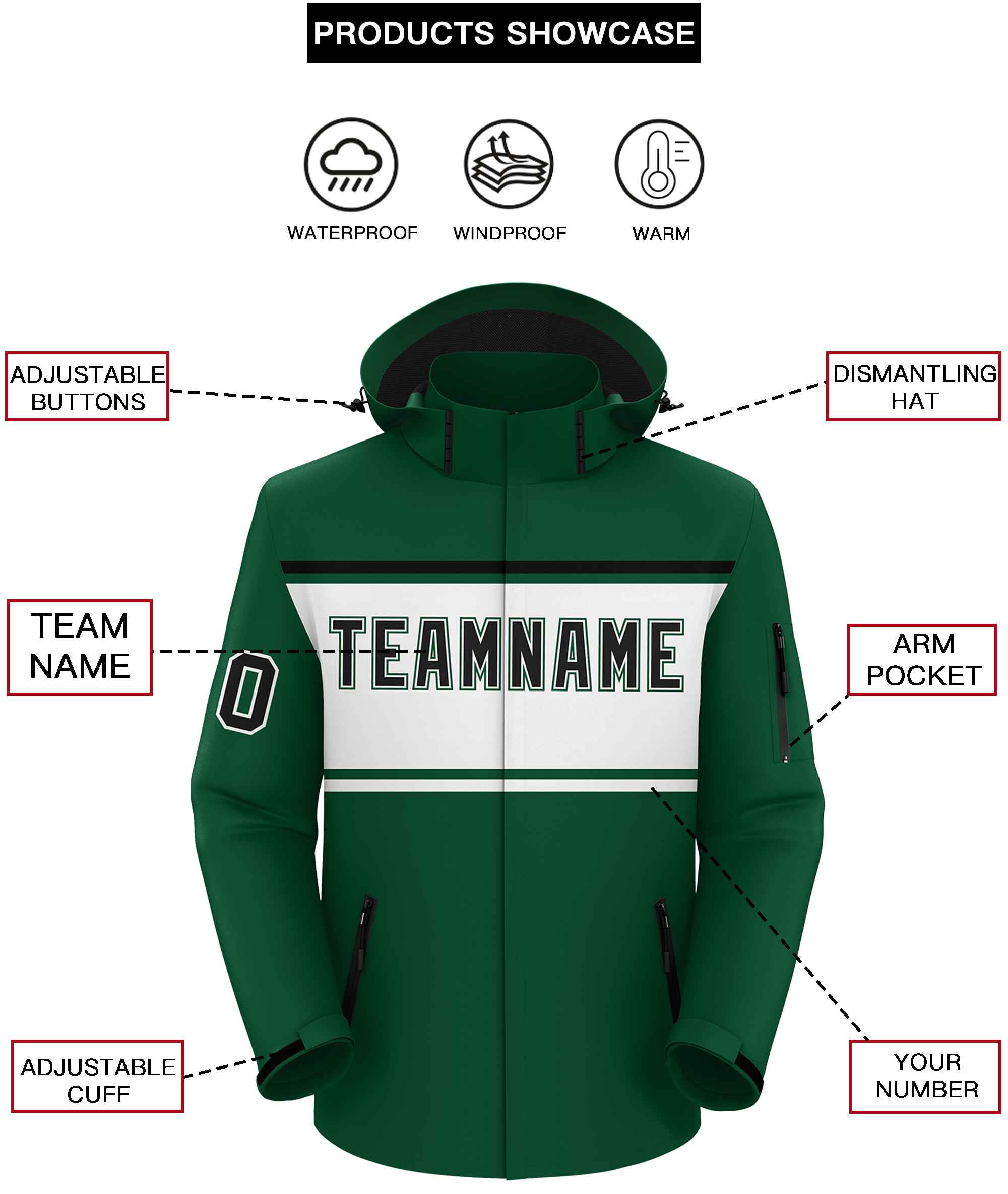 Custom Green Black-White Color Block Personalized Outdoor Hooded Waterproof Jacket