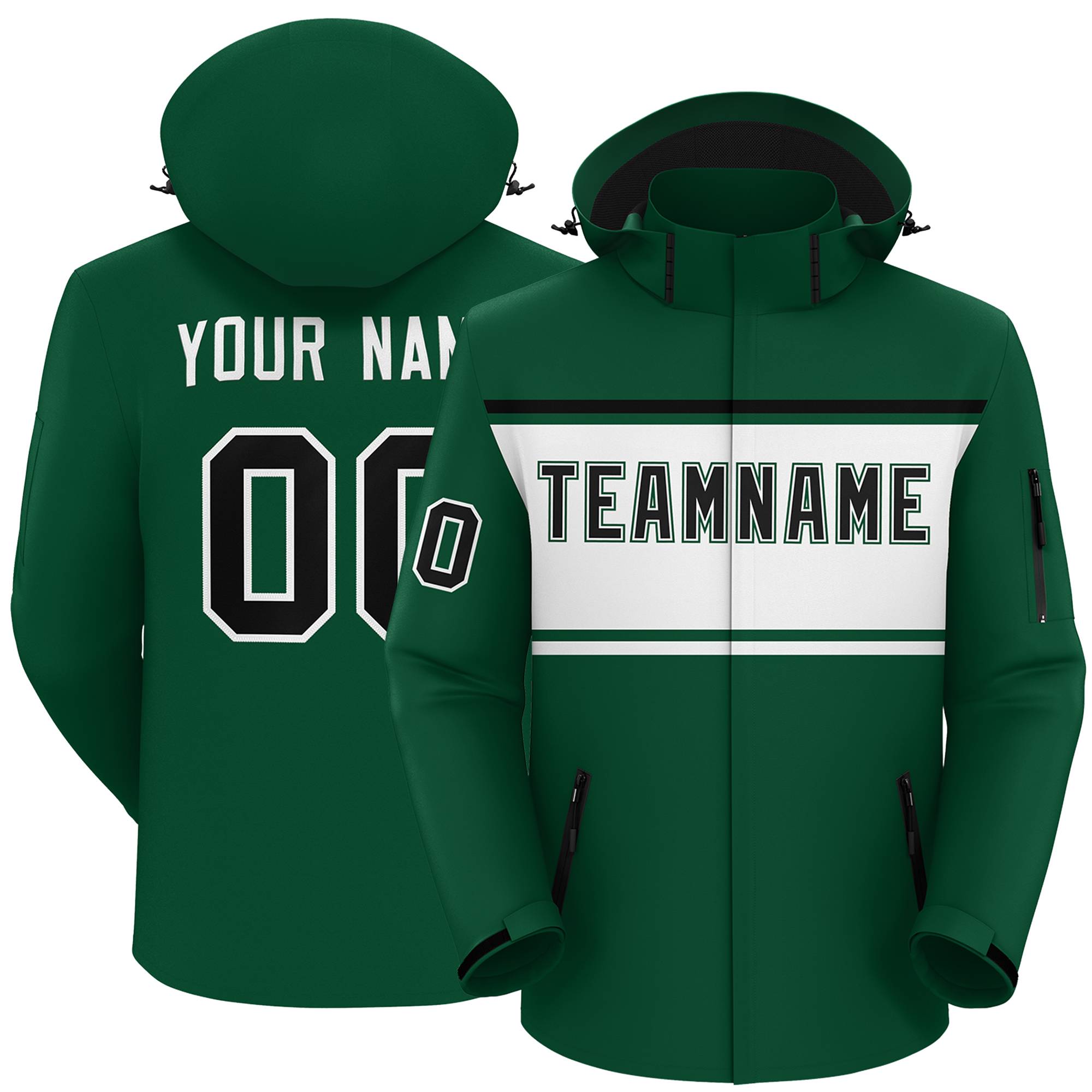 Custom Green Black-White Color Block Personalized Outdoor Hooded Waterproof Jacket