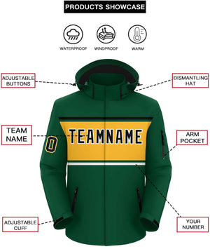 Custom Green Black-Gold Color Block Personalized Outdoor Hooded Waterproof Jacket