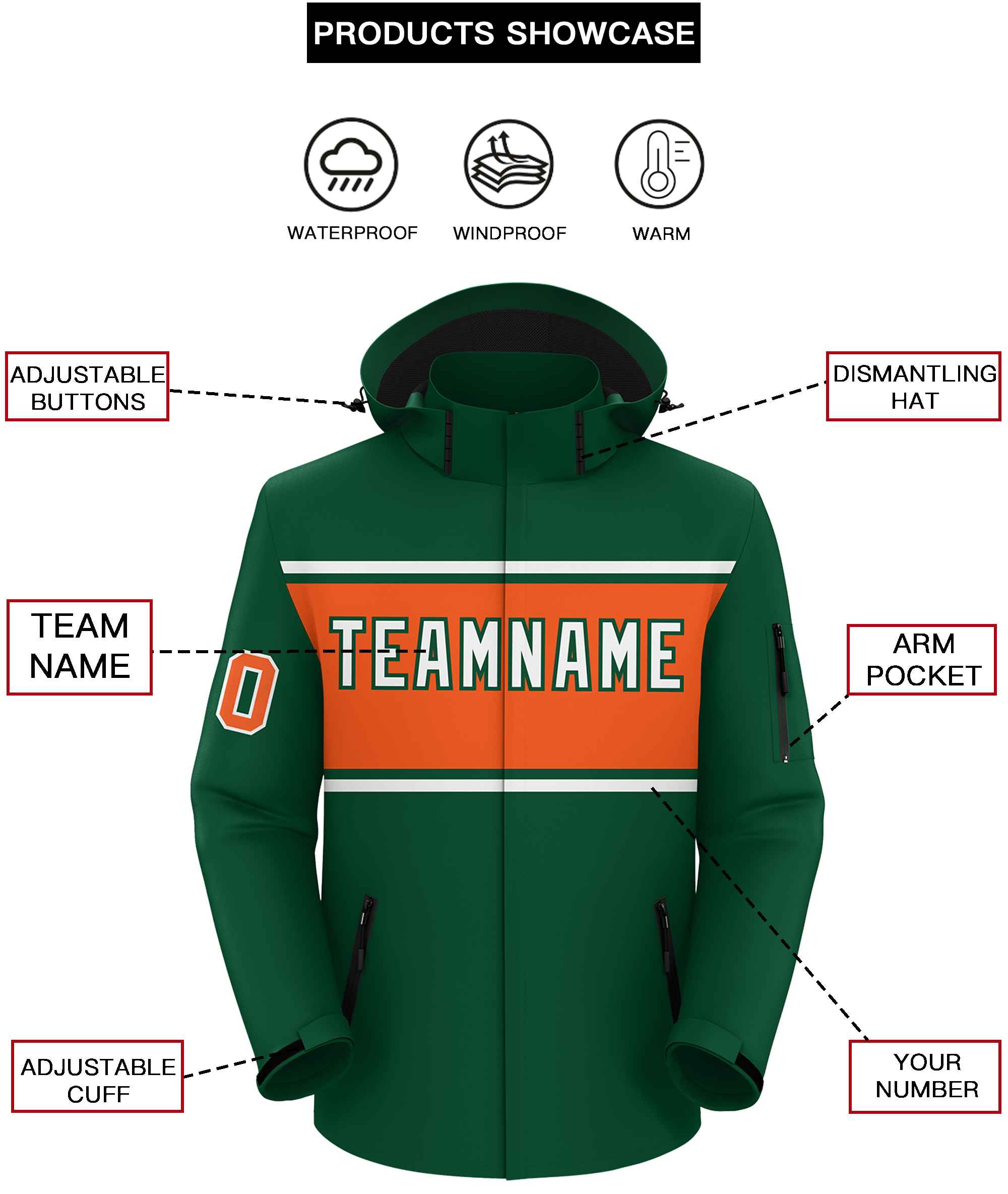 Custom Green White-Orange Color Block Personalized Outdoor Hooded Waterproof Jacket