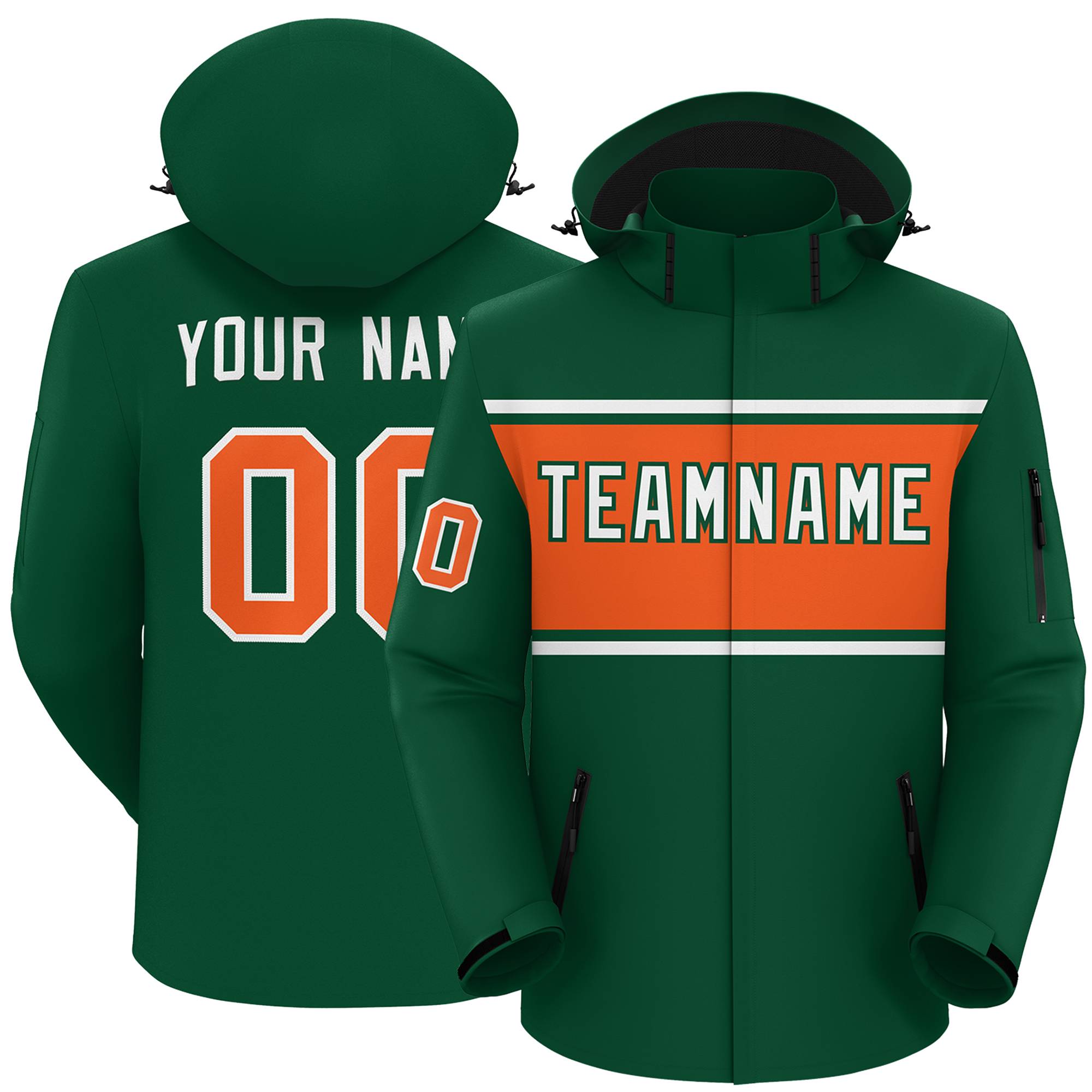 Custom Green White-Orange Color Block Personalized Outdoor Hooded Waterproof Jacket