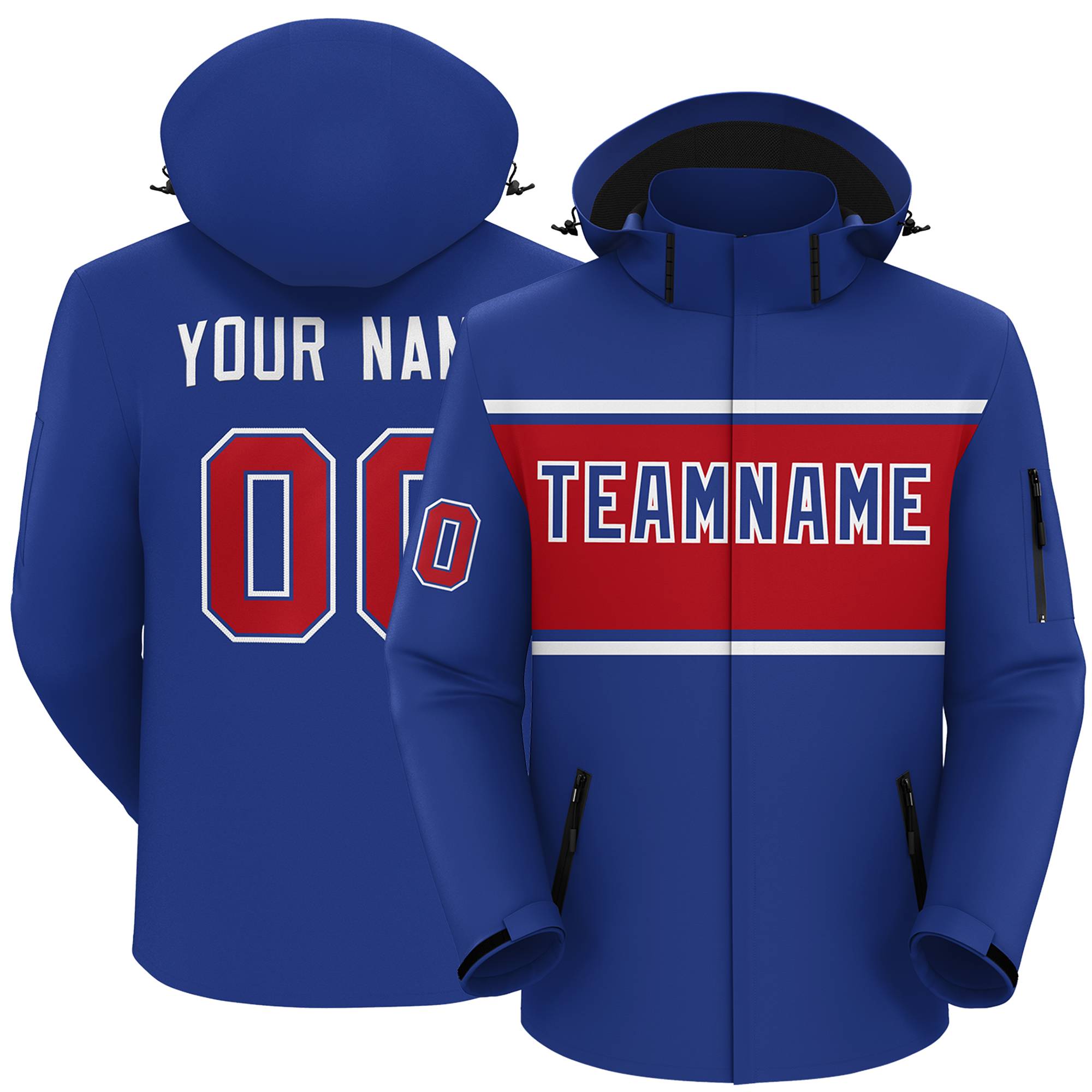 Custom Royal White-Red Color Block Personalized Outdoor Hooded Waterproof Jacket