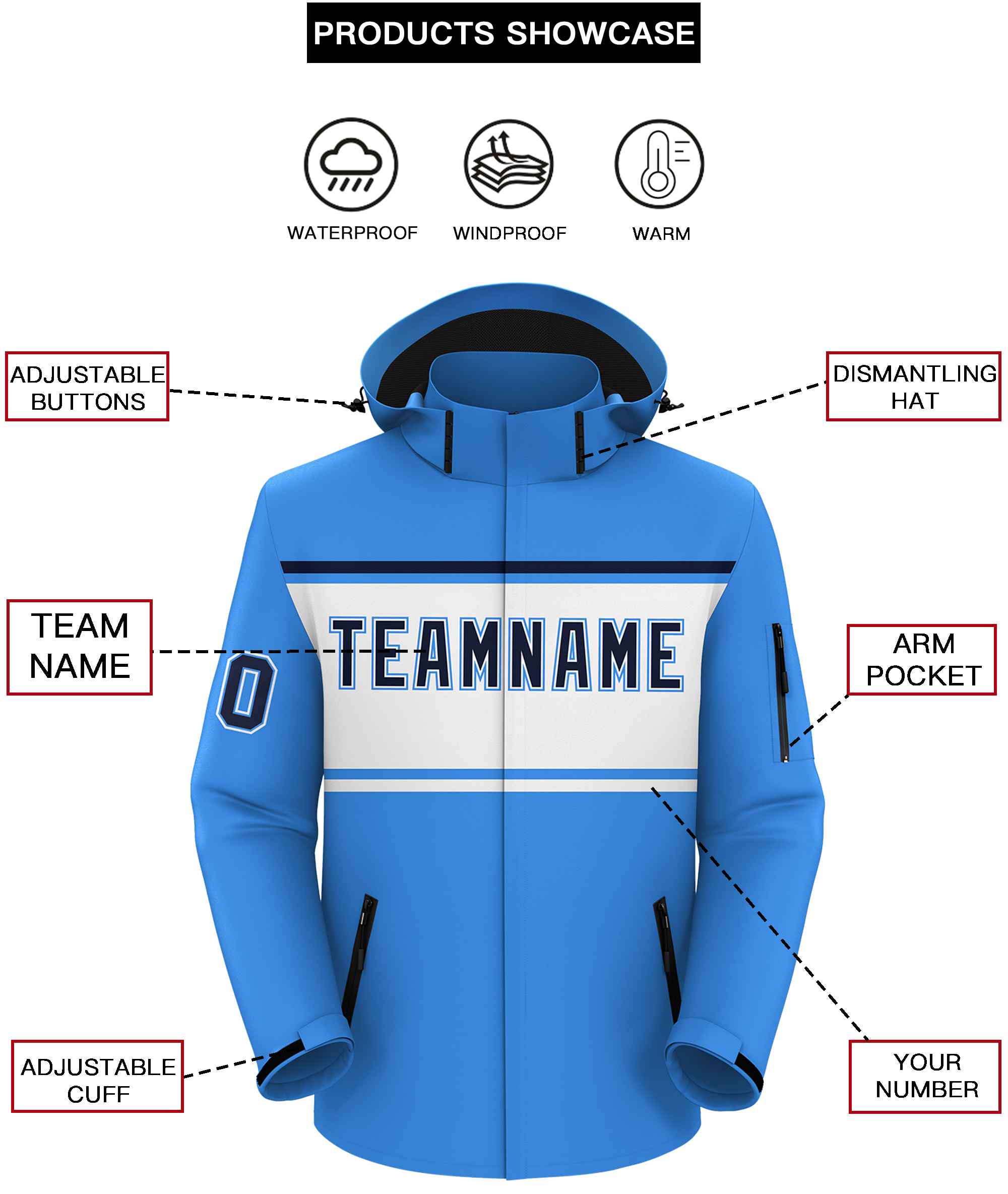 Custom Powder Blue Black-White Color Block Personalized Outdoor Hooded Waterproof Jacket