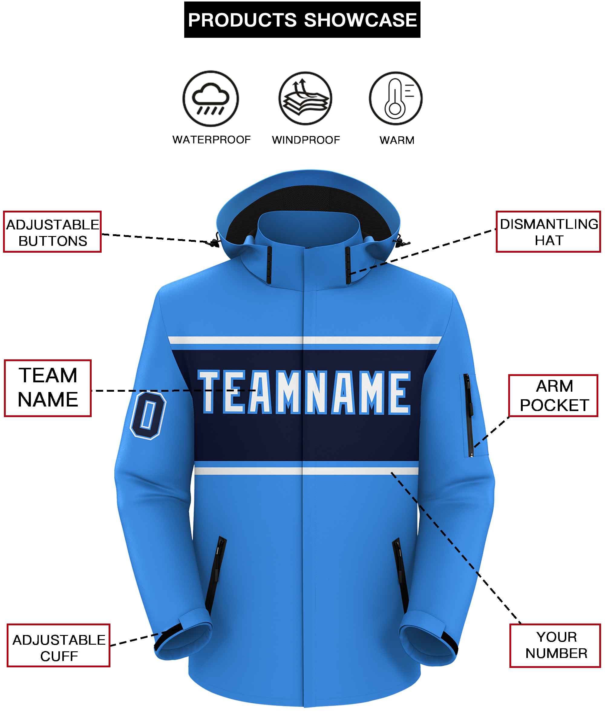 Custom Powder Blue White-Navy Color Block Personalized Outdoor Hooded Waterproof Jacket