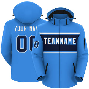 Custom Powder Blue White-Navy Color Block Personalized Outdoor Hooded Waterproof Jacket