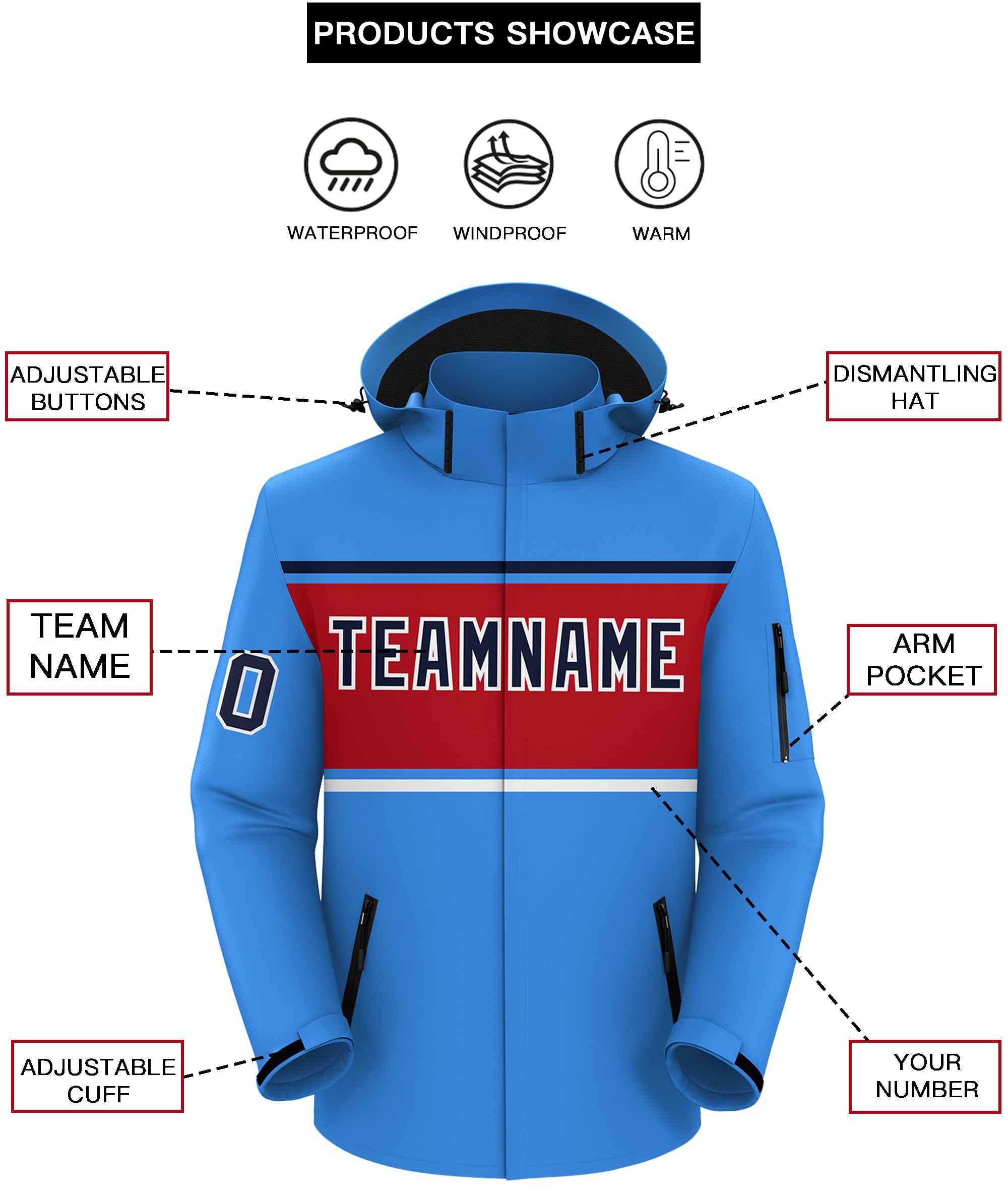 Custom Powder Blue Navy-Red Color Block Personalized Outdoor Hooded Waterproof Jacket