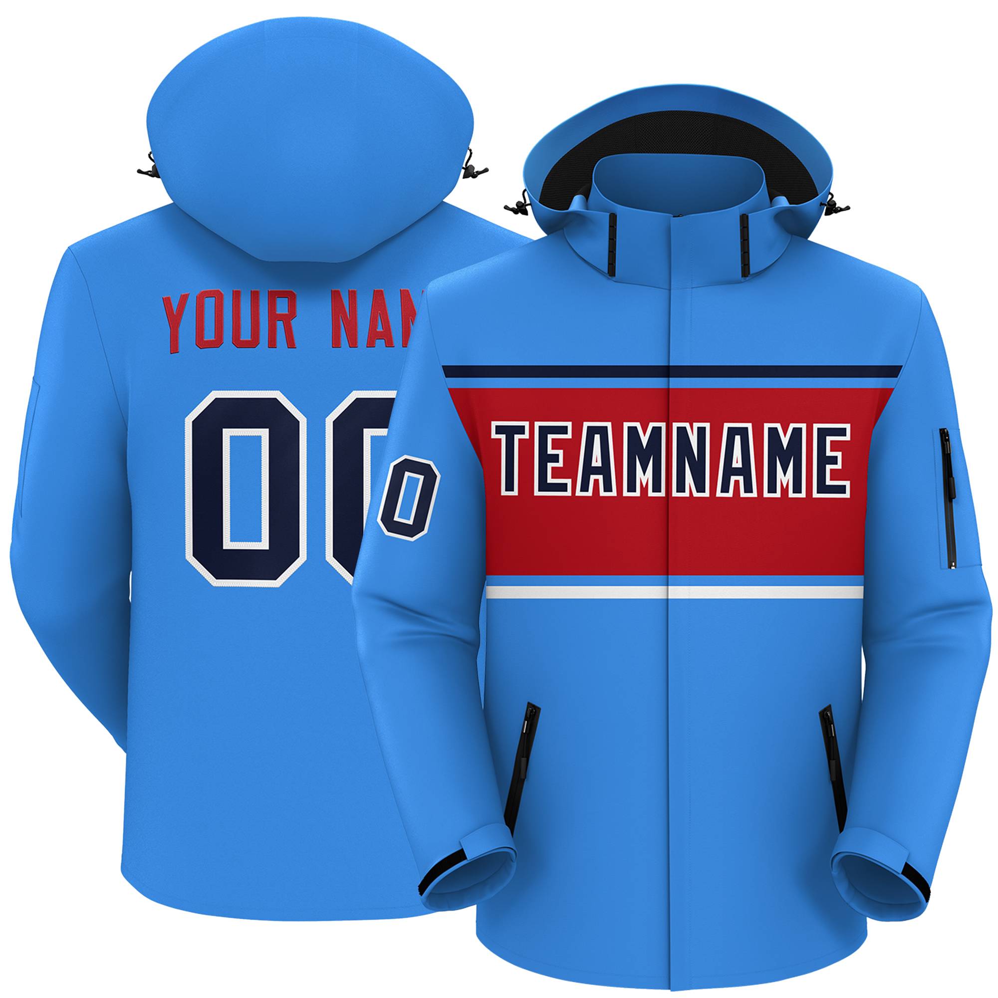 Custom Powder Blue Navy-Red Color Block Personalized Outdoor Hooded Waterproof Jacket