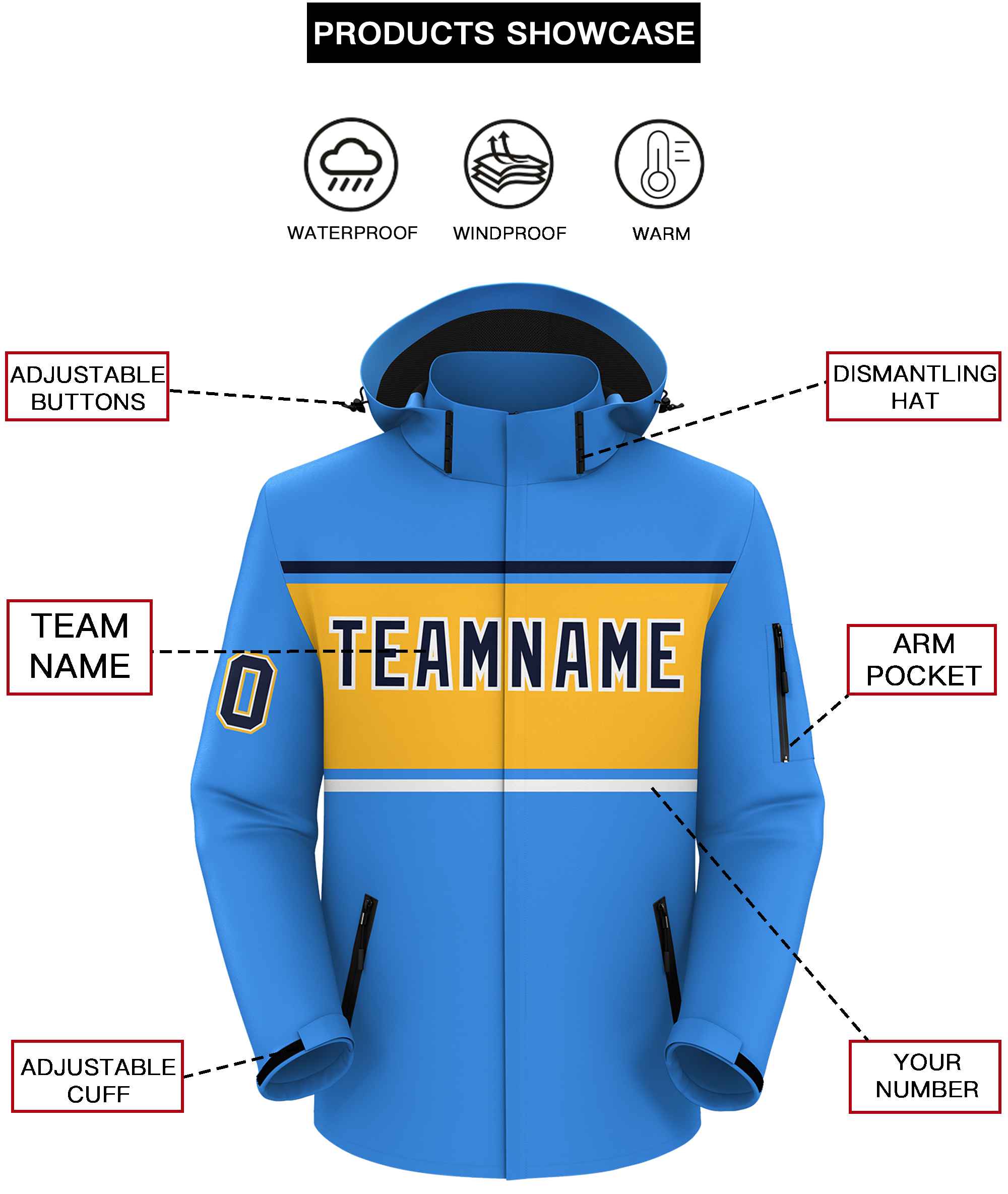 Custom Powder Blue Navy-Gold Color Block Personalized Outdoor Hooded Waterproof Jacket