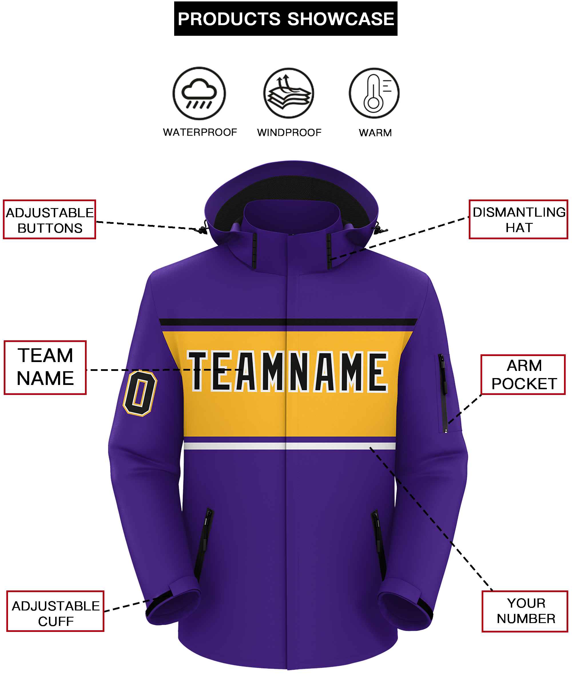 Custom Purple Black-Gold Color Block Personalized Outdoor Hooded Waterproof Jacket