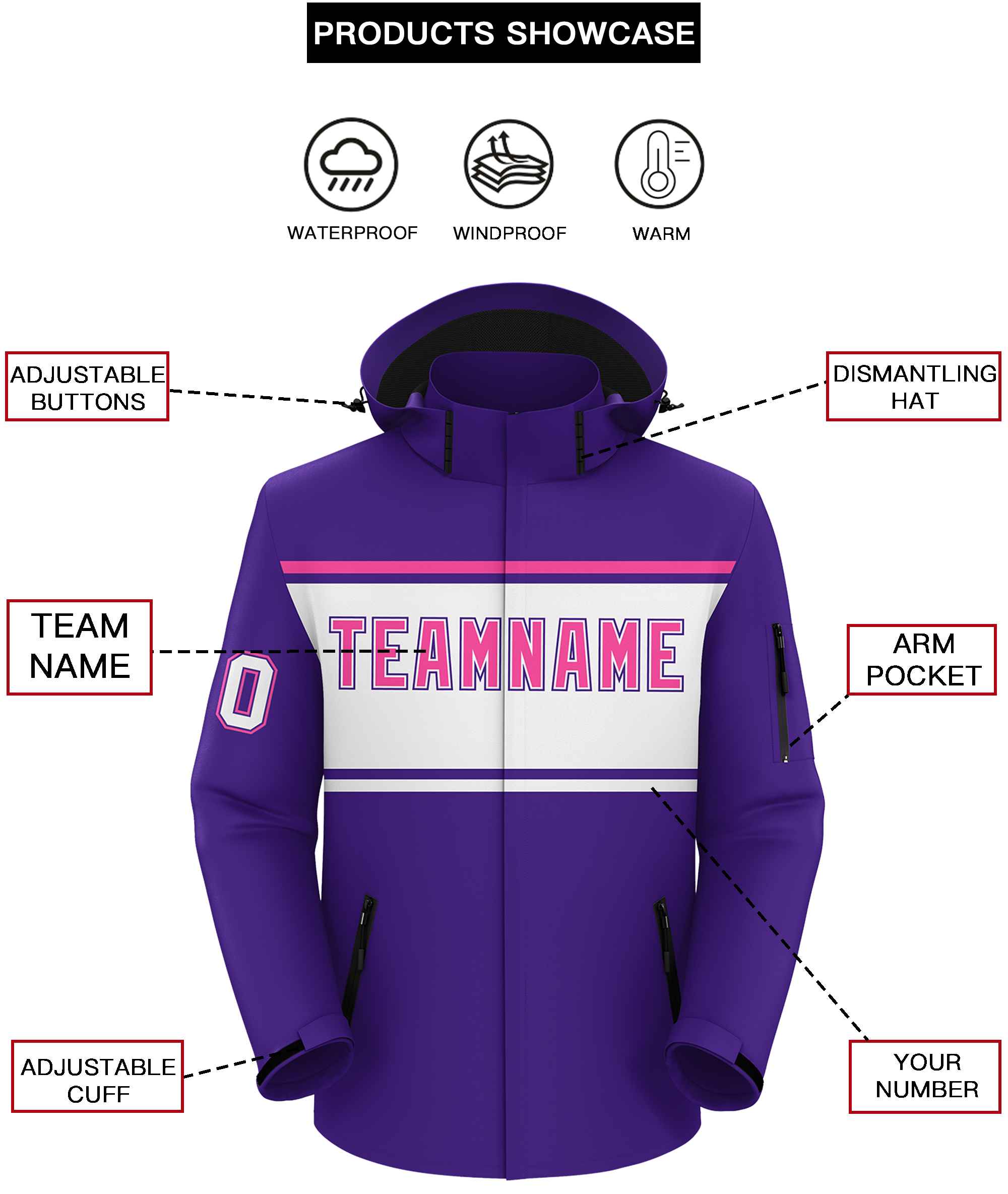 Custom Purple Pink-White Color Block Personalized Outdoor Hooded Waterproof Jacket