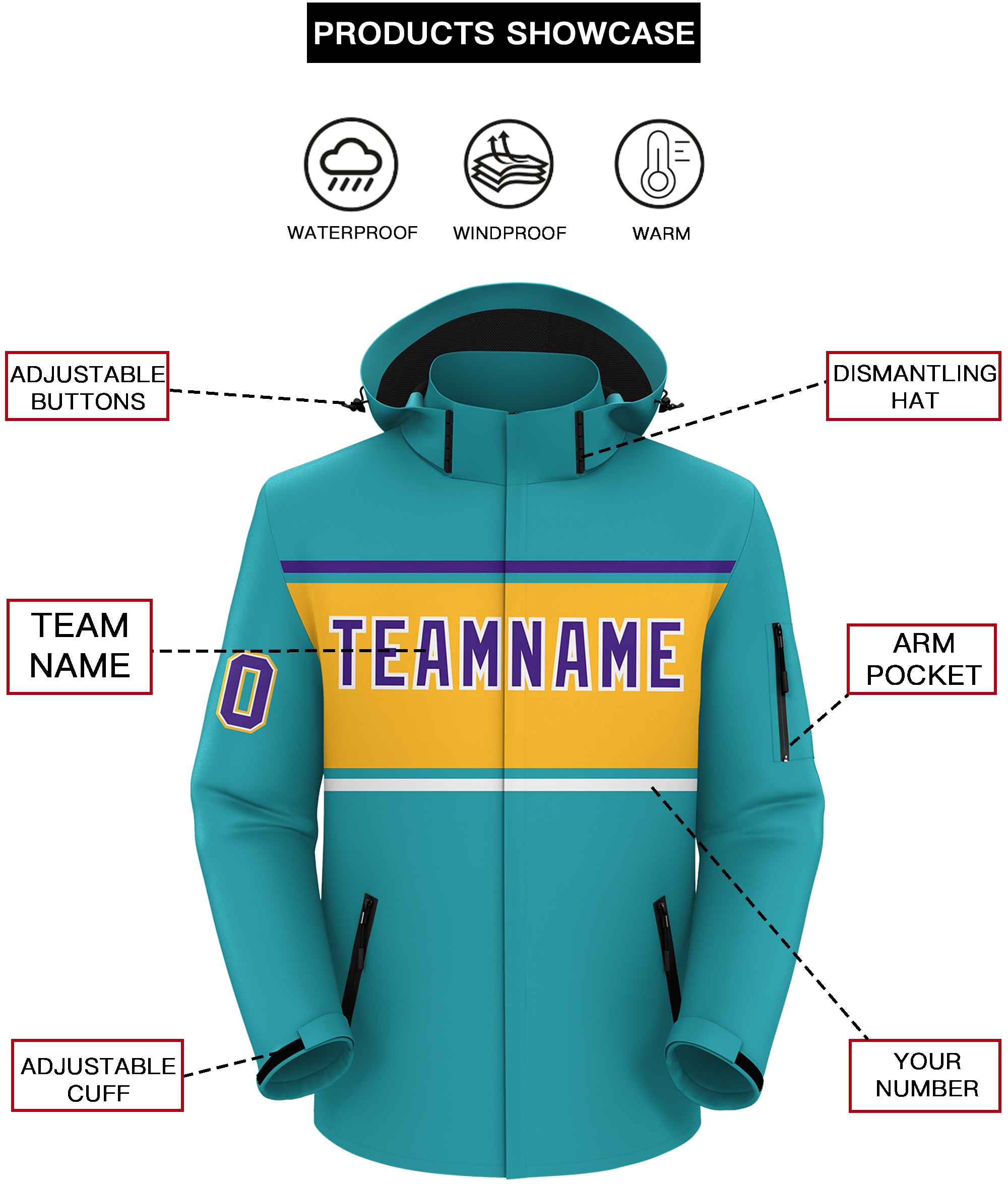 Custom Aqua Purple-Gold Color Block Personalized Outdoor Hooded Waterproof Jacket