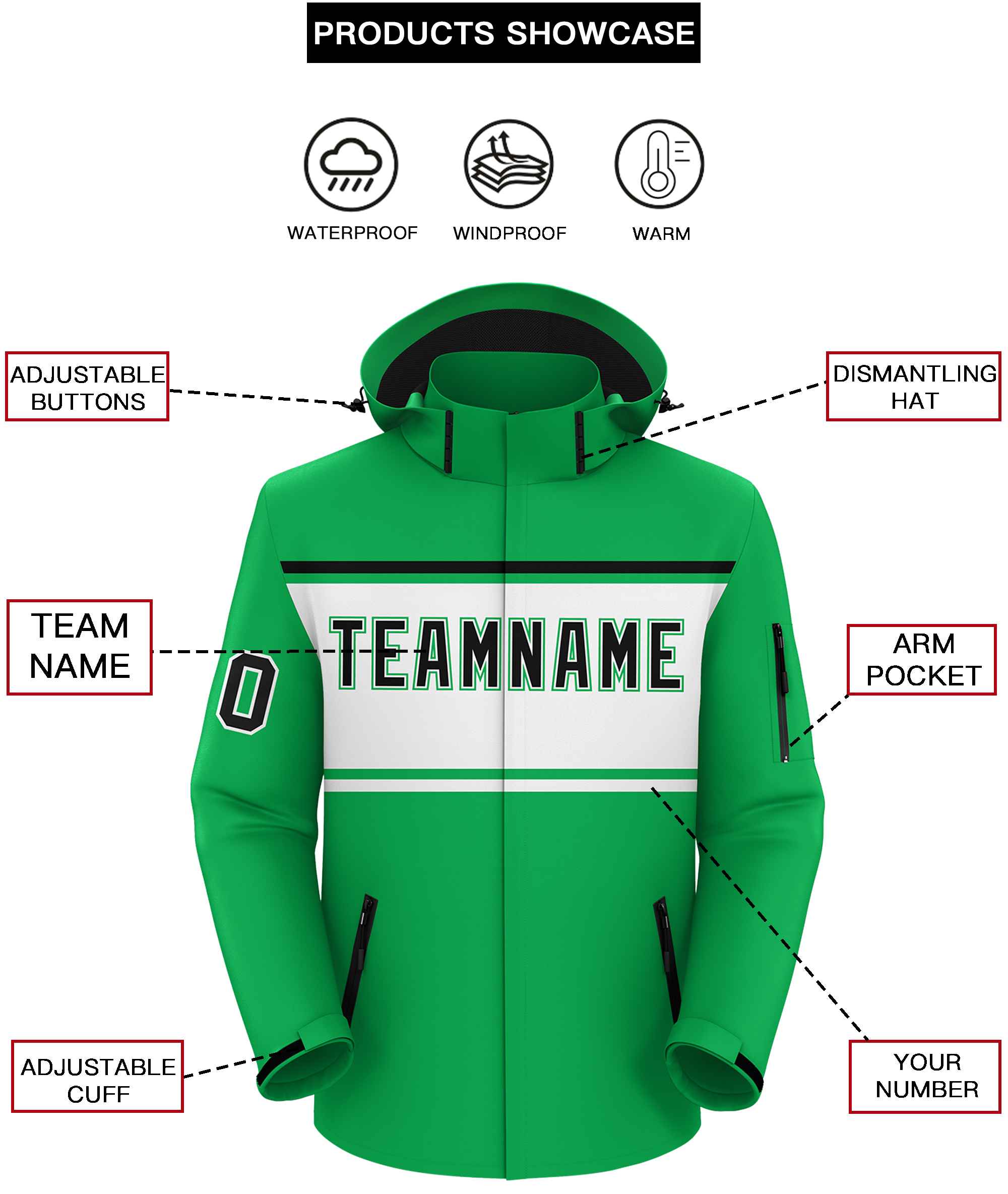 Custom Kelly Green Black-White Color Block Personalized Outdoor Hooded Waterproof Jacket