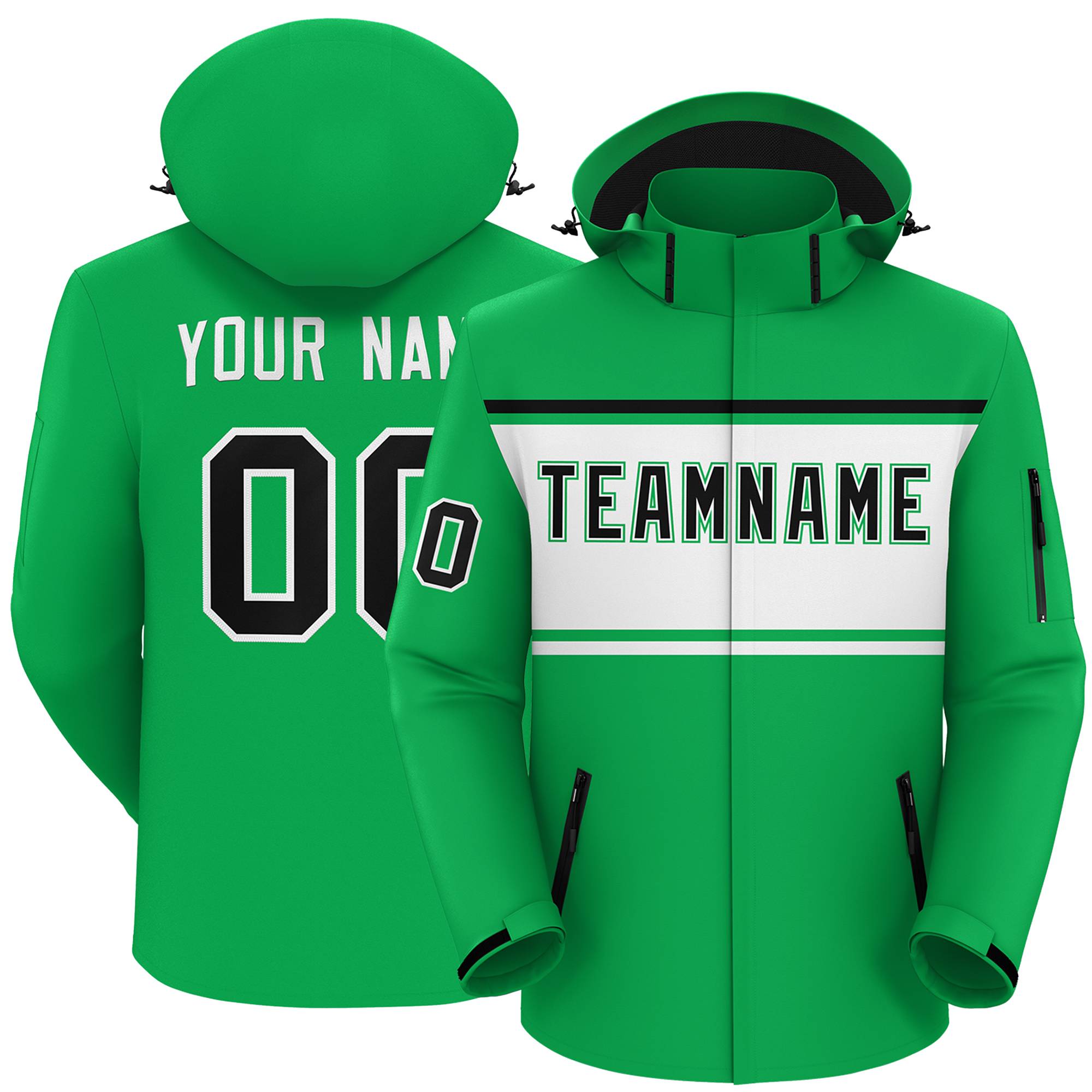 Custom Kelly Green Black-White Color Block Personalized Outdoor Hooded Waterproof Jacket