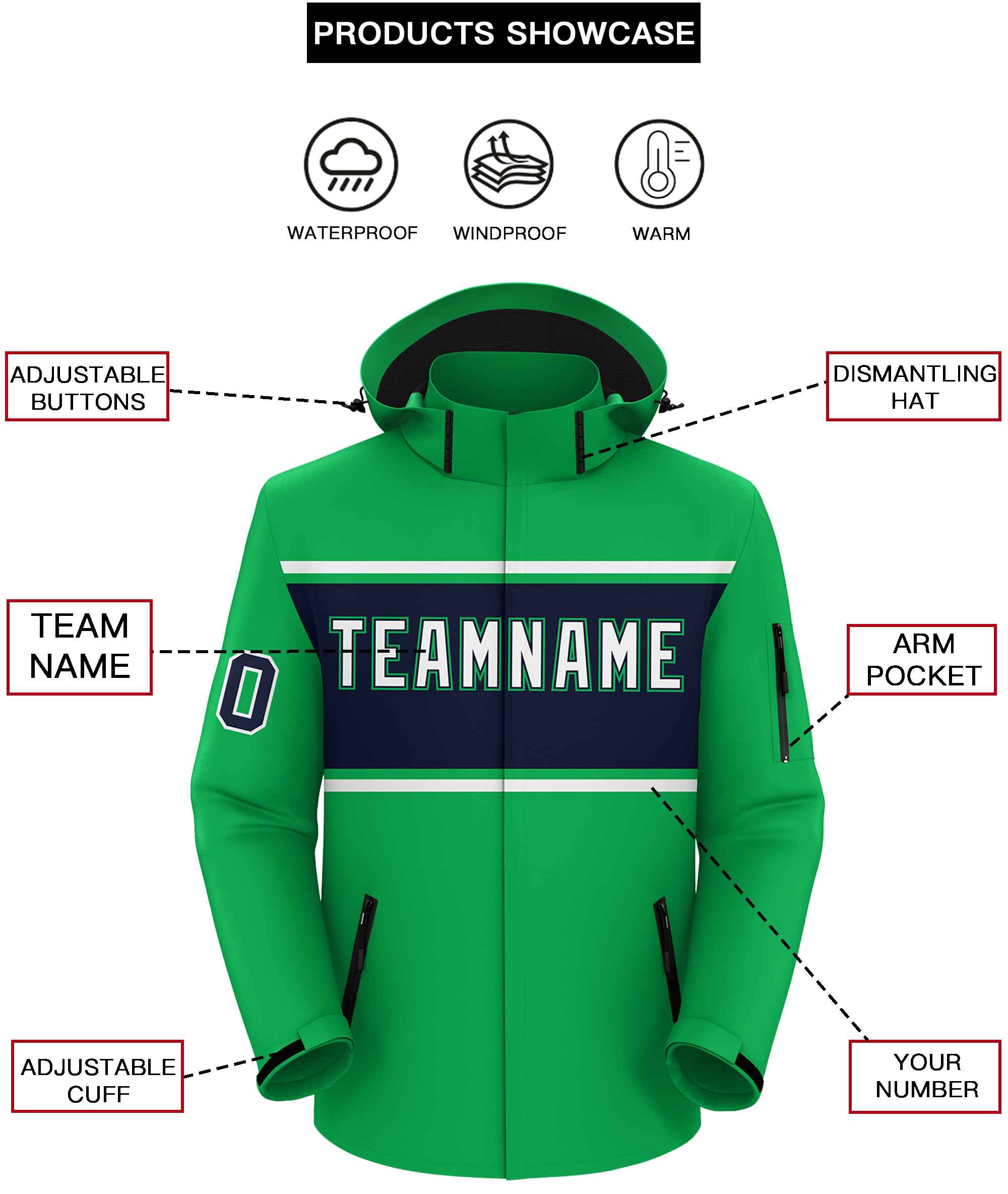 Custom Kelly Green White-Navy Color Block Personalized Outdoor Hooded Waterproof Jacket