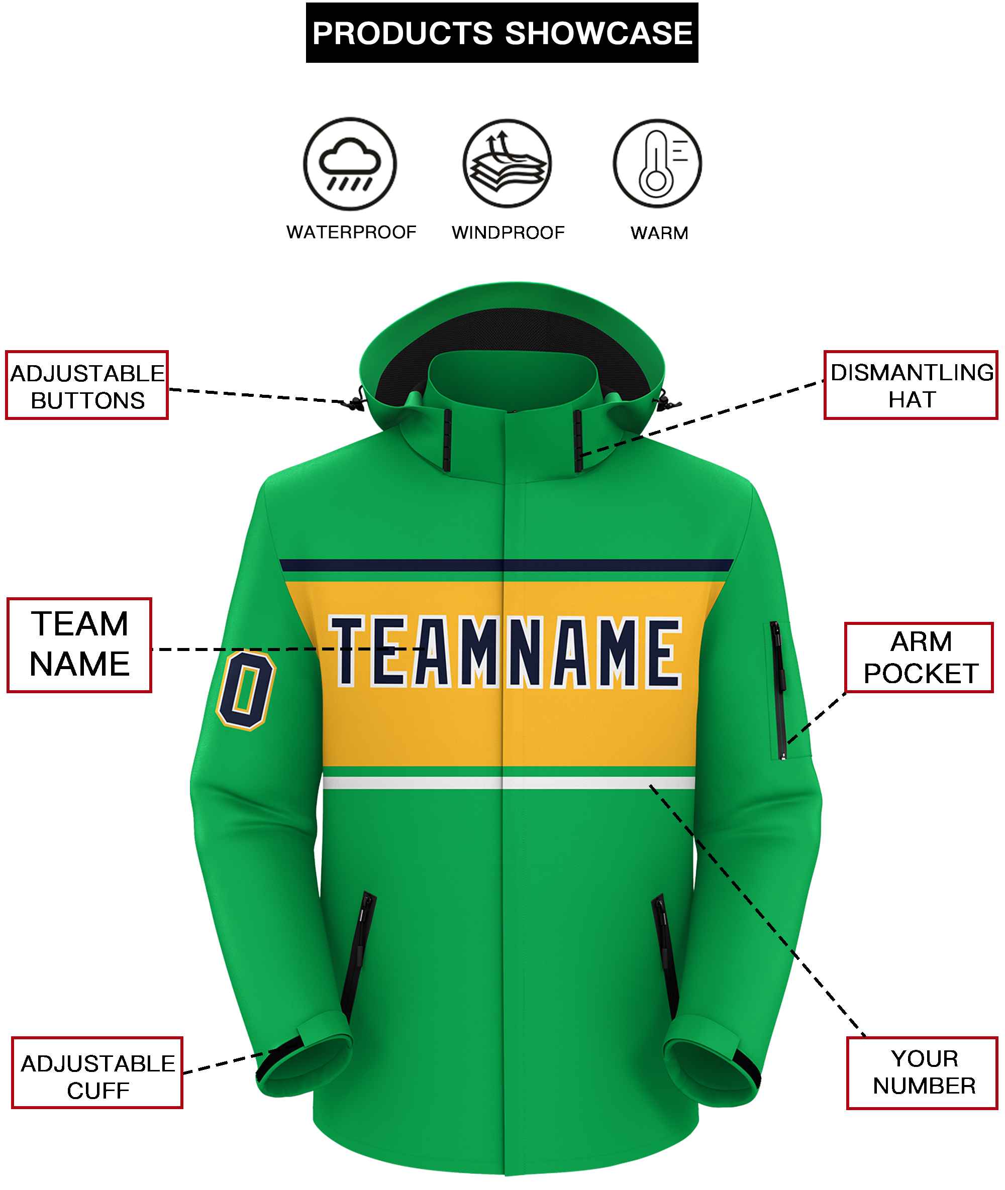 Custom Kelly Green Navy-Gold Color Block Personalized Outdoor Hooded Waterproof Jacket