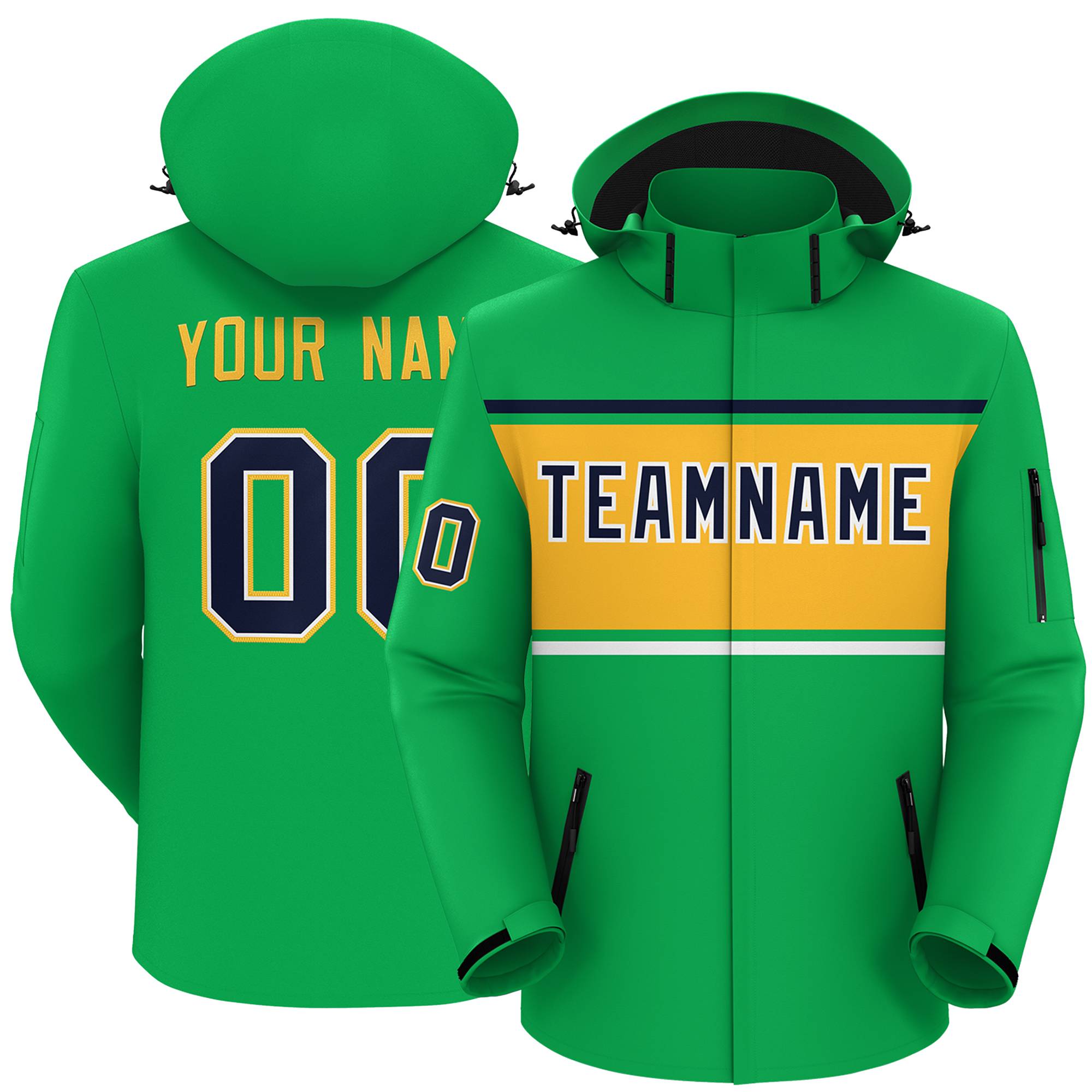 Custom Kelly Green Navy-Gold Color Block Personalized Outdoor Hooded Waterproof Jacket