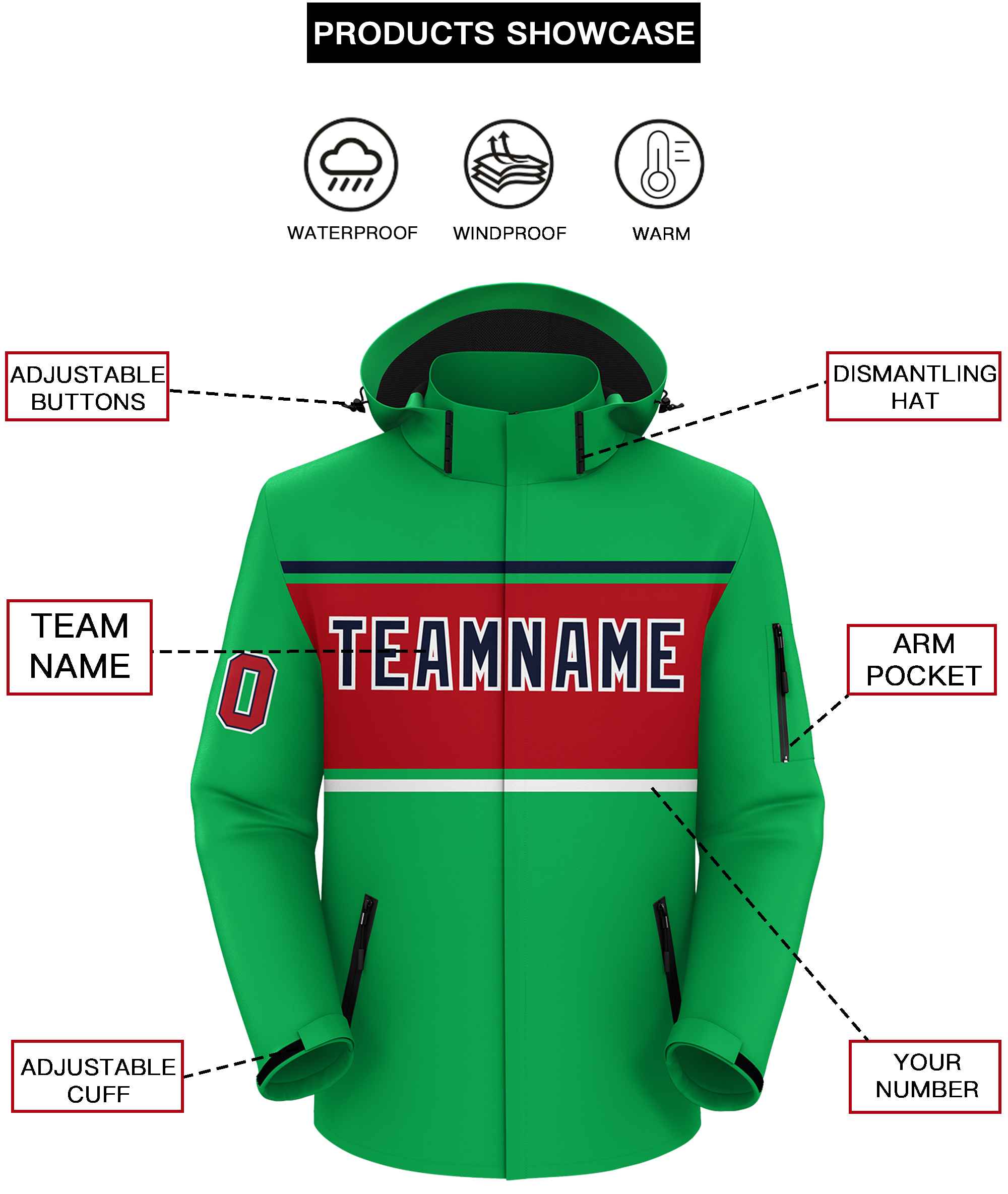 Custom Kelly Green Navy-Red Color Block Personalized Outdoor Hooded Waterproof Jacket