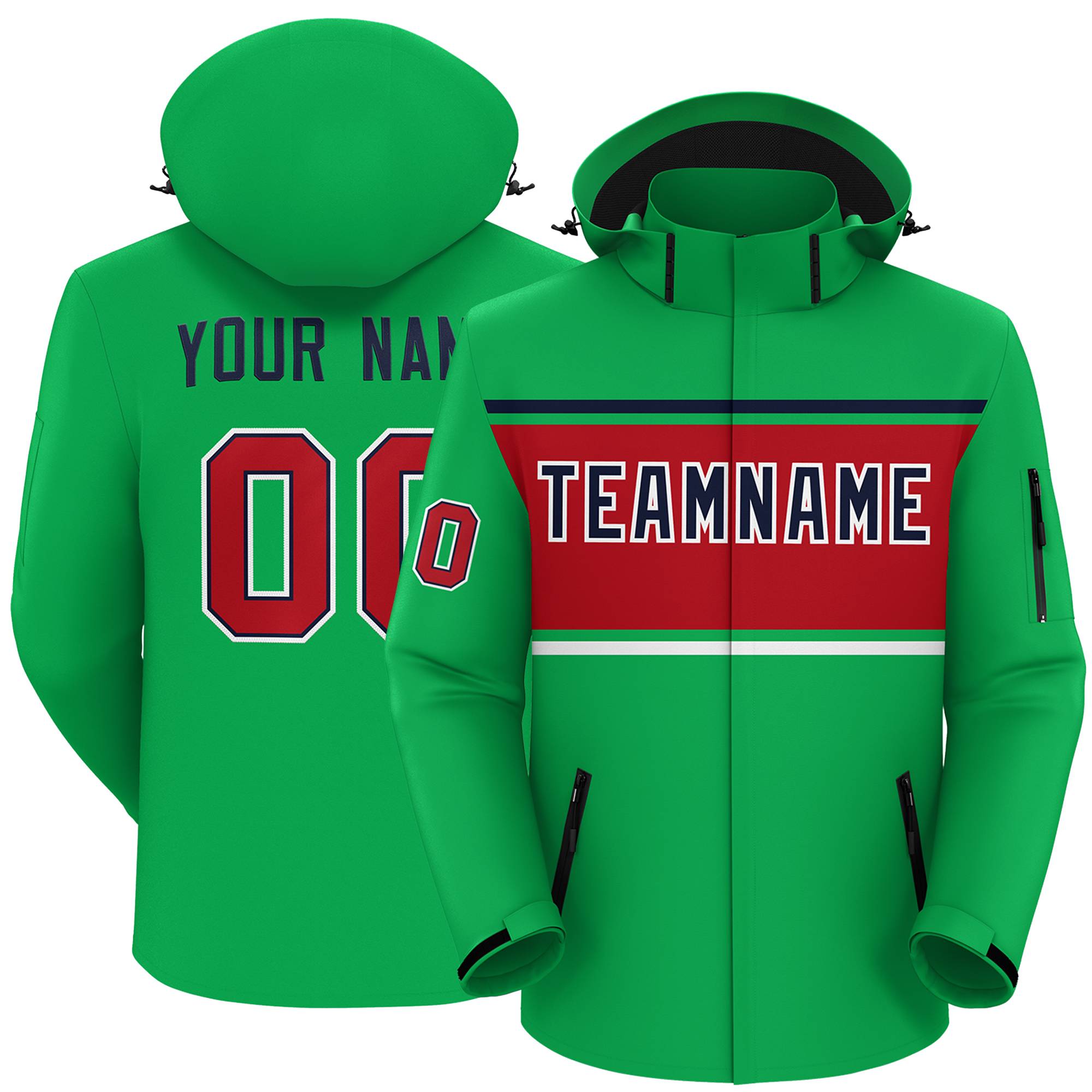 Custom Kelly Green Navy-Red Color Block Personalized Outdoor Hooded Waterproof Jacket