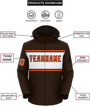 Custom Brown Orange-White Color Block Personalized Outdoor Hooded Waterproof Jacket