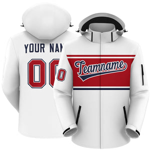 Custom White Red-Navy Color Block Personalized Outdoor Hooded Waterproof Jacket