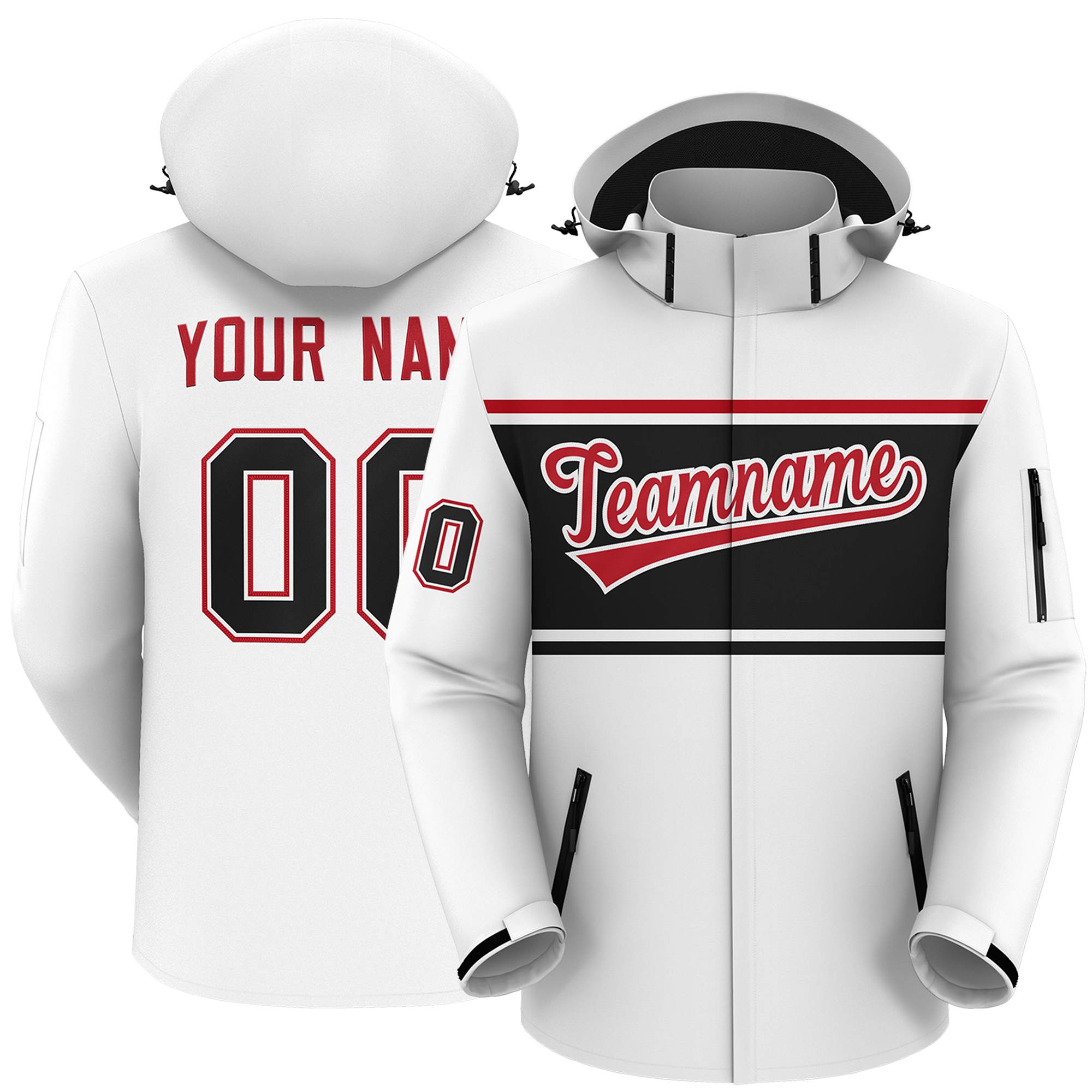 Custom White Red-Black Color Block Personalized Outdoor Hooded Waterproof Jacket