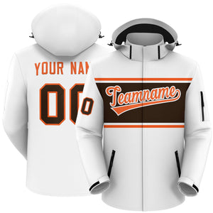 Custom White Orange-Brown Color Block Personalized Outdoor Hooded Waterproof Jacket