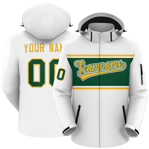 Custom White Gold-Green Color Block Personalized Outdoor Hooded Waterproof Jacket