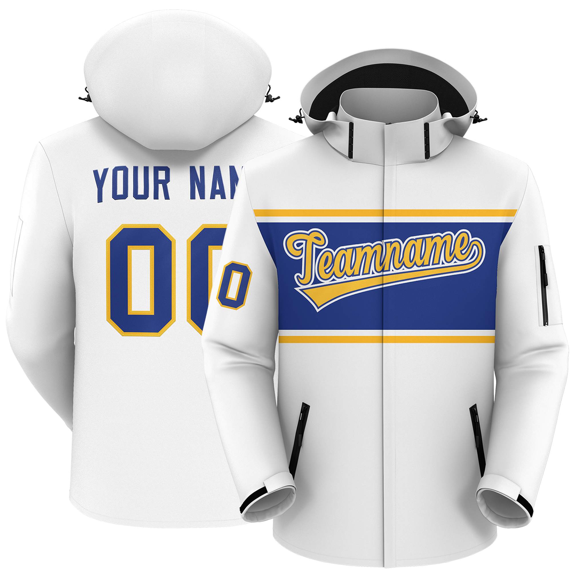 Custom White Gold-Royal Color Block Personalized Outdoor Hooded Waterproof Jacket