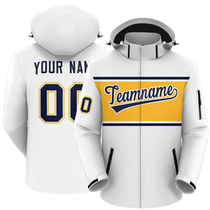 Custom White Navy-Gold Color Block Personalized Outdoor Hooded Waterproof Jacket