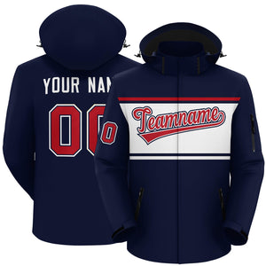 Custom Navy Red-White Color Block Personalized Outdoor Hooded Waterproof Jacket