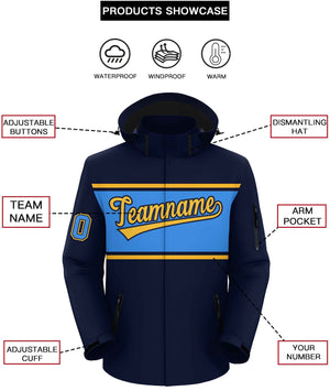 Custom Navy Gold-Powder Blue Color Block Personalized Outdoor Hooded Waterproof Jacket