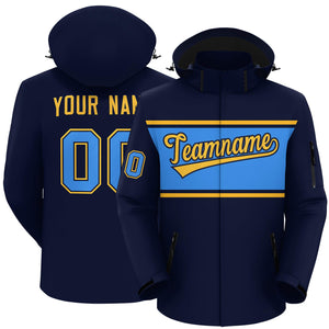 Custom Navy Gold-Powder Blue Color Block Personalized Outdoor Hooded Waterproof Jacket