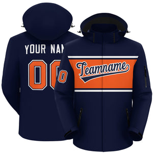 Custom Navy White-Orange Color Block Personalized Outdoor Hooded Waterproof Jacket