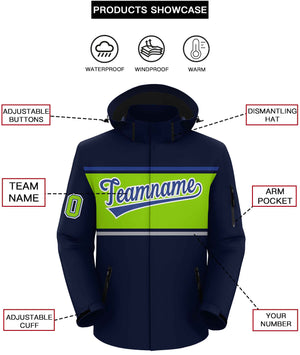 Custom Navy Royal-Neon Green Color Block Personalized Outdoor Hooded Waterproof Jacket