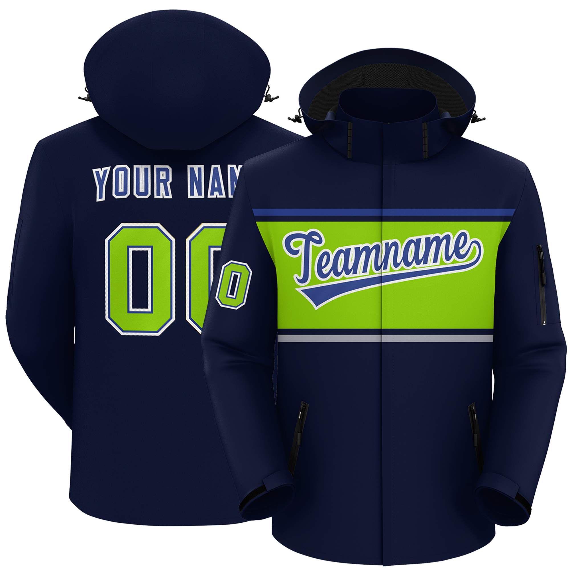 Custom Navy Royal-Neon Green Color Block Personalized Outdoor Hooded Waterproof Jacket