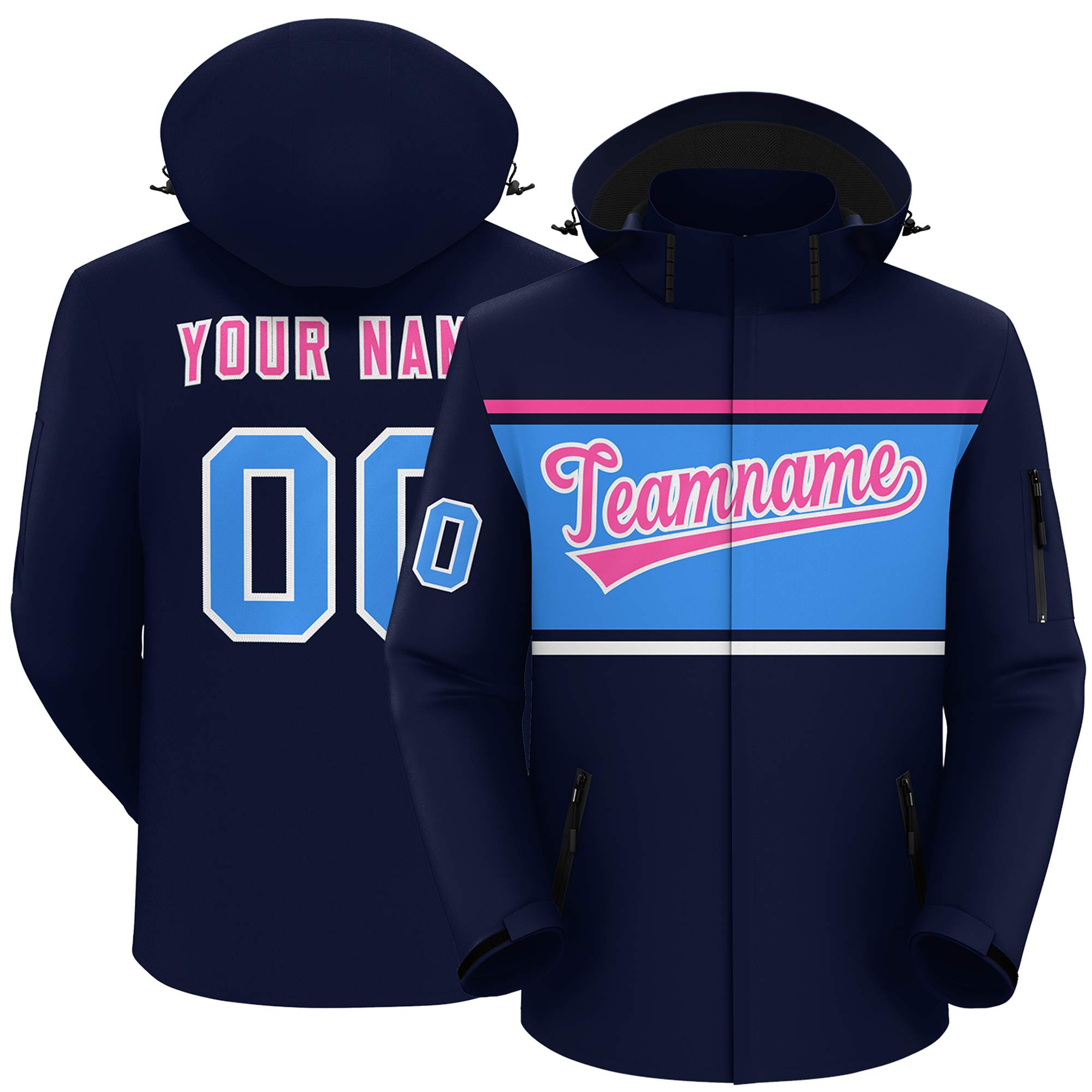 Custom Navy Pink-Powder Blue Color Block Personalized Outdoor Hooded Waterproof Jacket