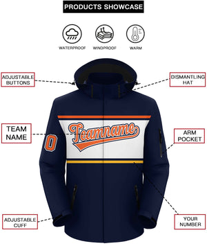 Custom Navy Orange-White Color Block Personalized Outdoor Hooded Waterproof Jacket