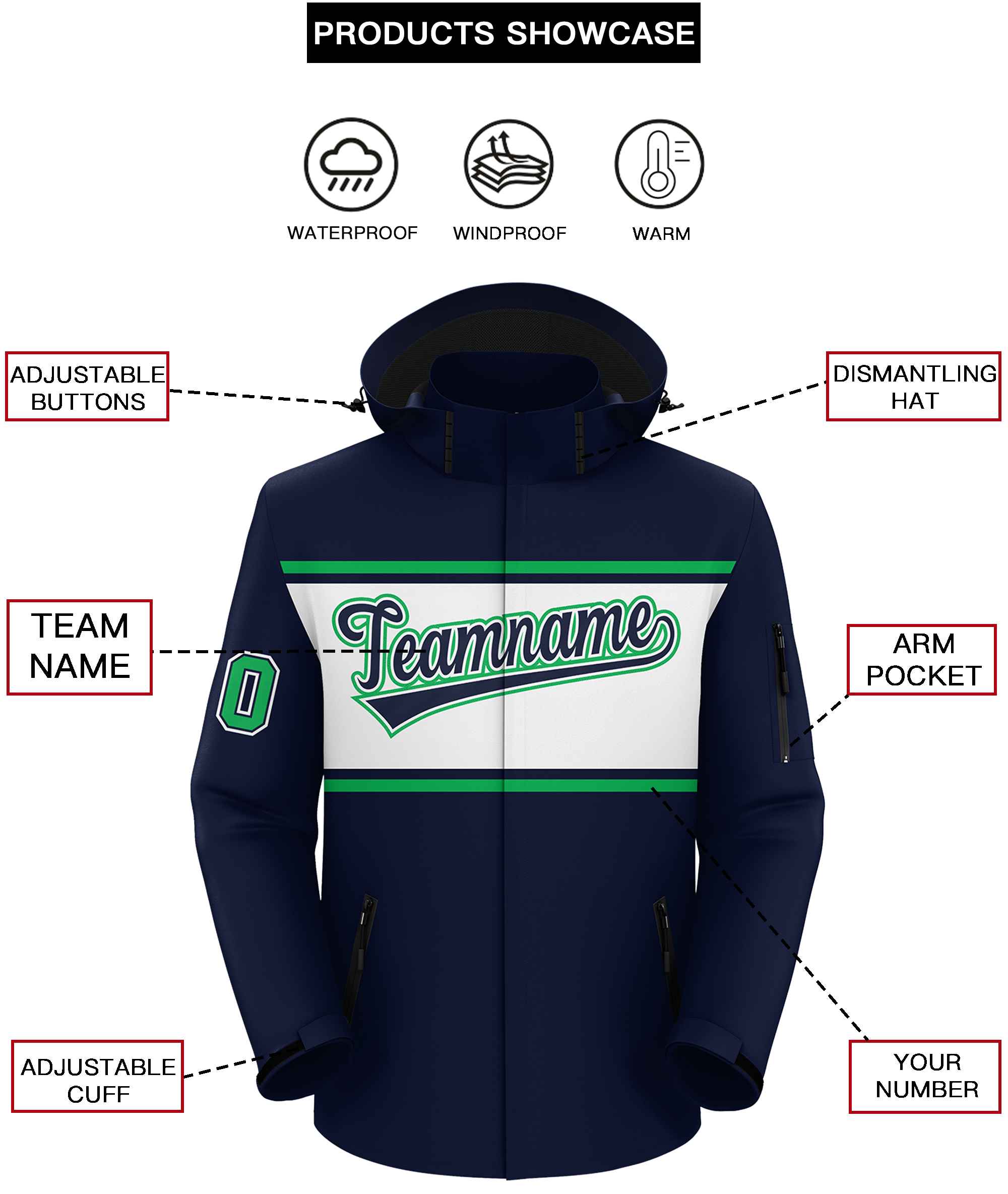 Custom Navy Kelly Green-White Color Block Personalized Outdoor Hooded Waterproof Jacket