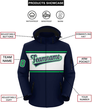 Custom Navy Kelly Green-White Color Block Personalized Outdoor Hooded Waterproof Jacket