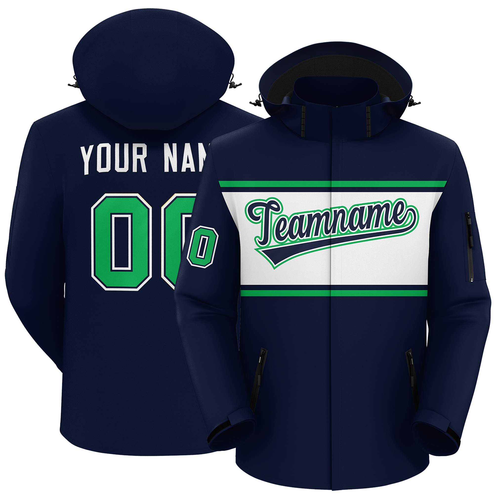 Custom Navy Kelly Green-White Color Block Personalized Outdoor Hooded Waterproof Jacket