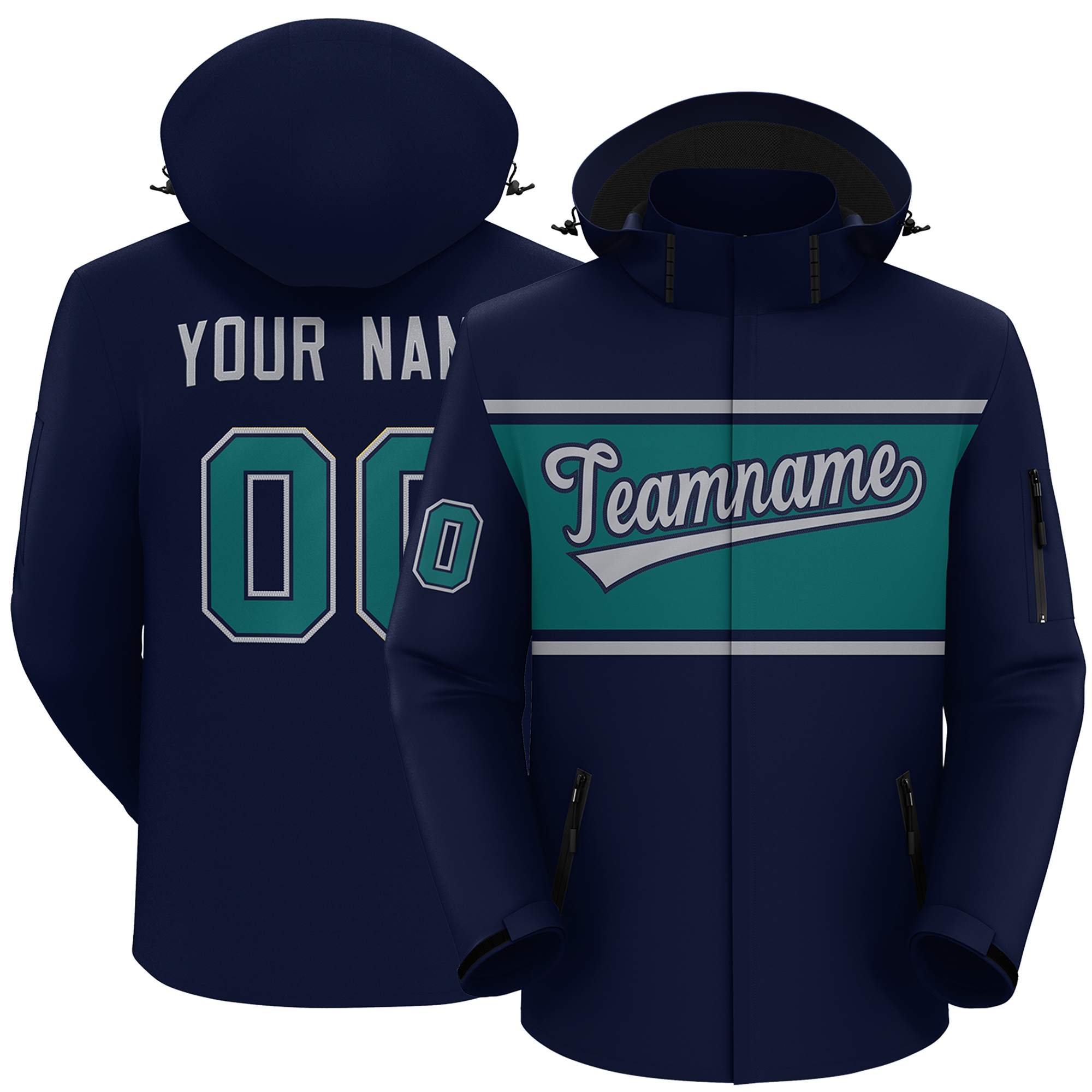 Custom Navy Gray-Aqua Color Block Personalized Outdoor Hooded Waterproof Jacket