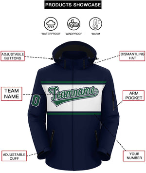 Custom Navy Green-White Color Block Personalized Outdoor Hooded Waterproof Jacket