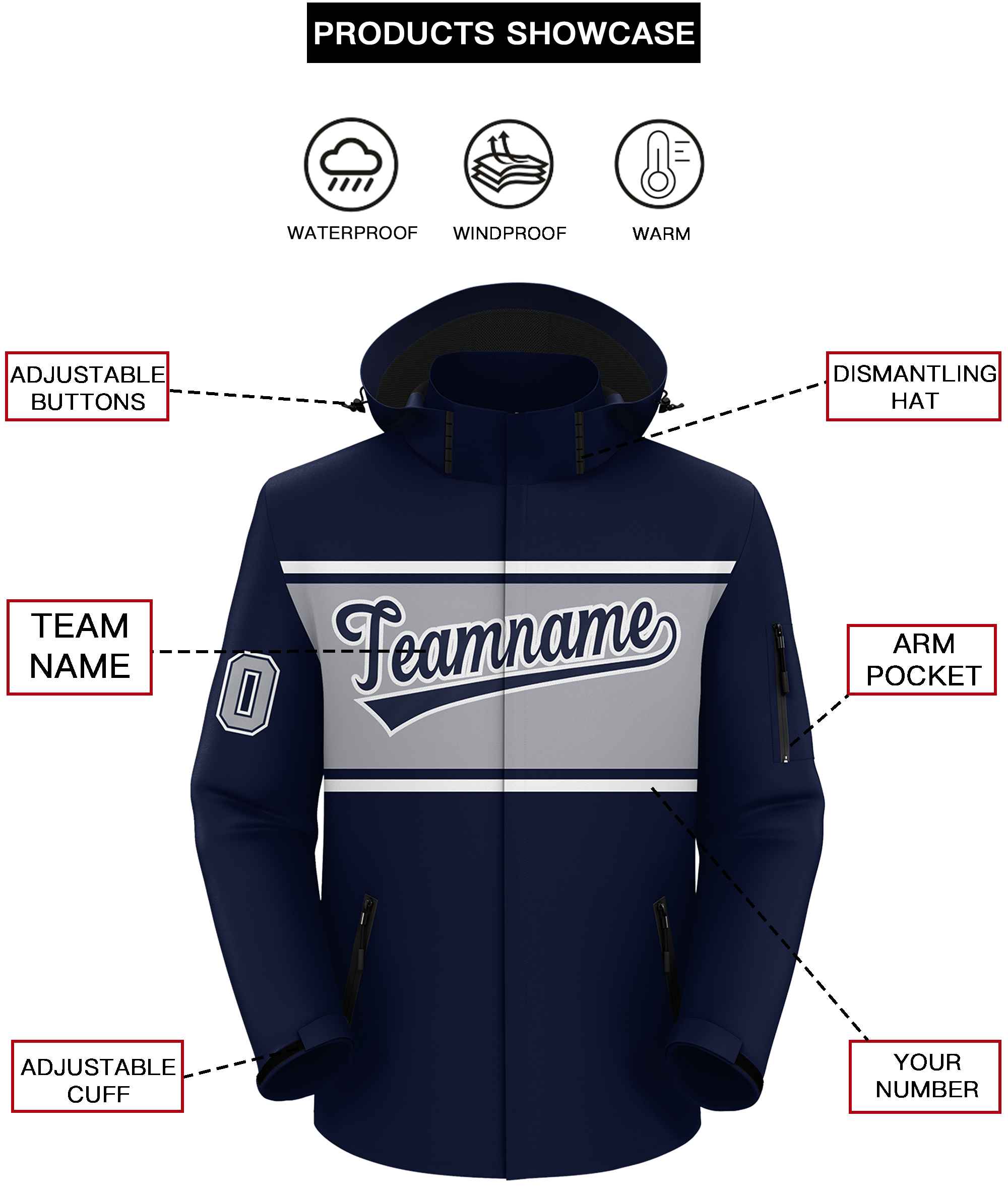 Custom Navy White-Gray Color Block Personalized Outdoor Hooded Waterproof Jacket