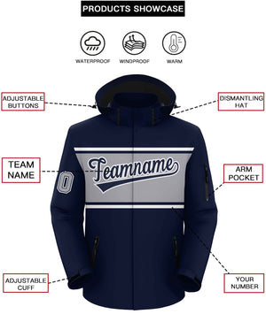 Custom Navy White-Gray Color Block Personalized Outdoor Hooded Waterproof Jacket