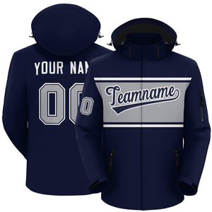 Custom Navy White-Gray Color Block Personalized Outdoor Hooded Waterproof Jacket