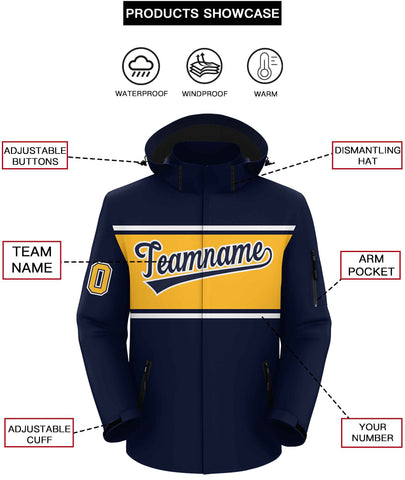 Custom Navy White-Gold Color Block Personalized Outdoor Hooded Waterproof Jacket