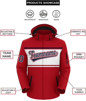 Custom Red Navy-White Color Block Personalized Outdoor Hooded Waterproof Jacket
